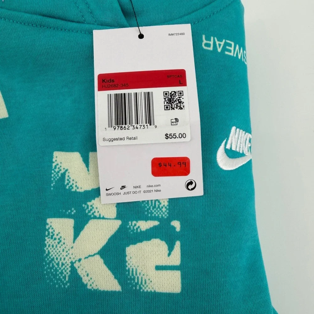 Nike Kids Hoodie Turquoise All Over Logo Print Graphic Sweatshirt Size Large NEW